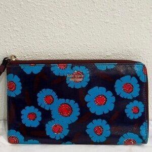 Kate Spade Colorful Leather Floral Clutch Preppy Feminine Peacock Blue